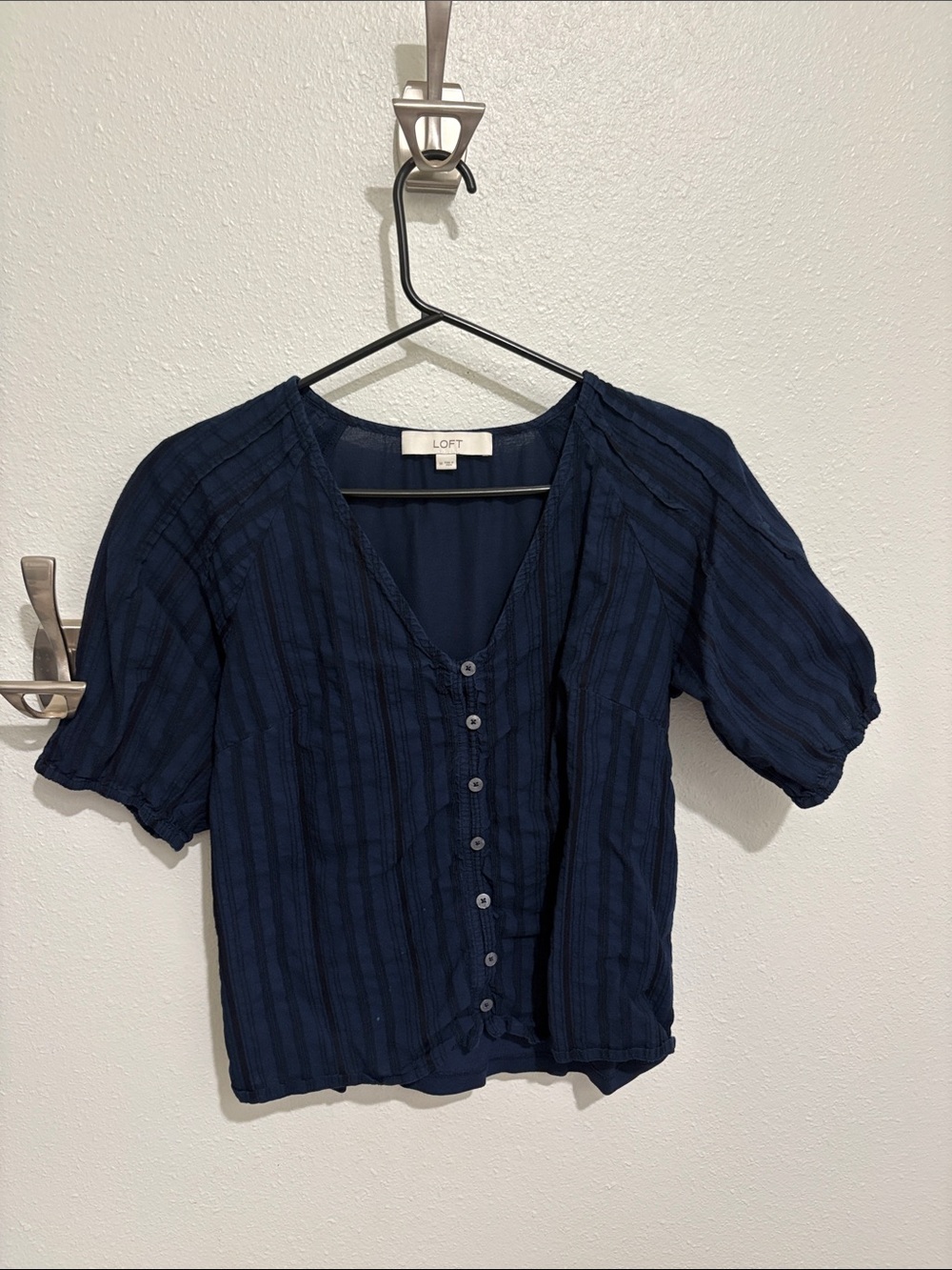 LOFT Navy Button-Front Short Sleeve Blouse